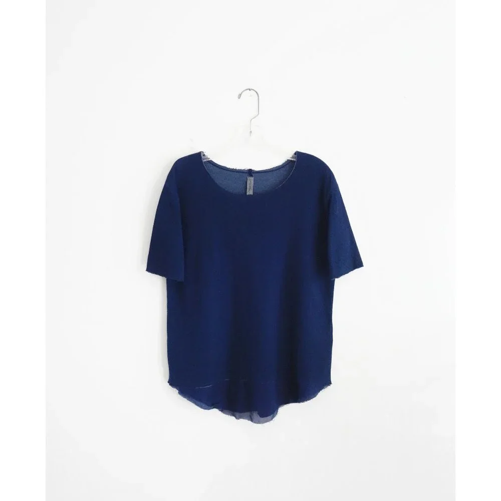 Raquel Allegra Indigo Blue Silk Hem Short Sleeve Tee Shirt size 3 US Large - Picture 1 of 4